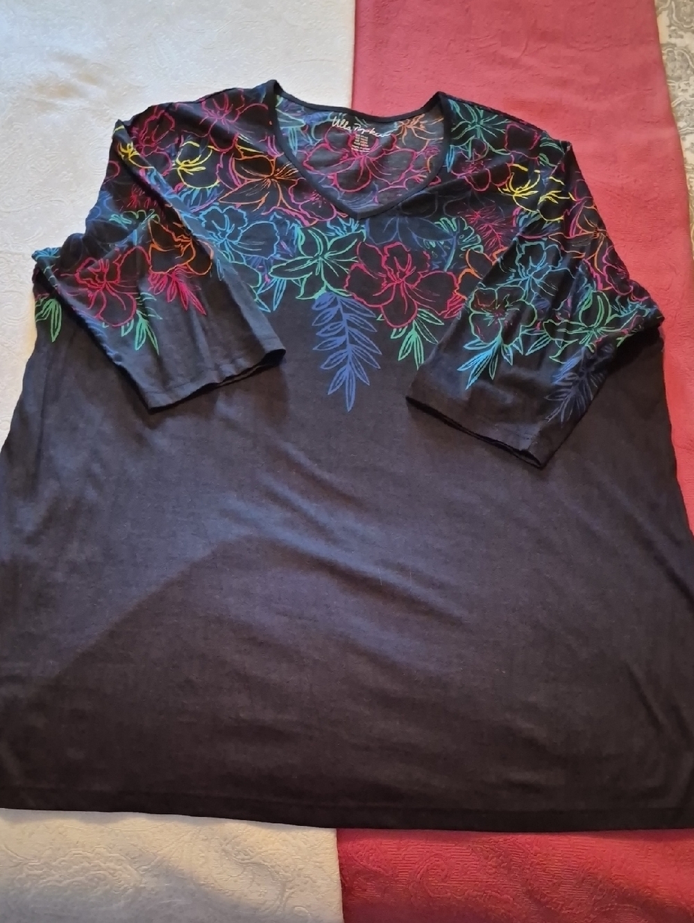 Ulla Popken Black Floral Scoop Neck Top with Multicolor Outline Blooms